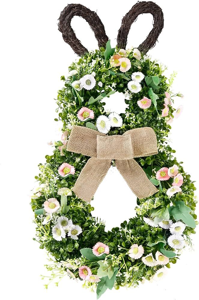 Sggvecsy 24 Inch Easter Bunny Wreath Spring Wreath Bunny Shaped Artificial Flower Wreath with Gre... | Amazon (US)