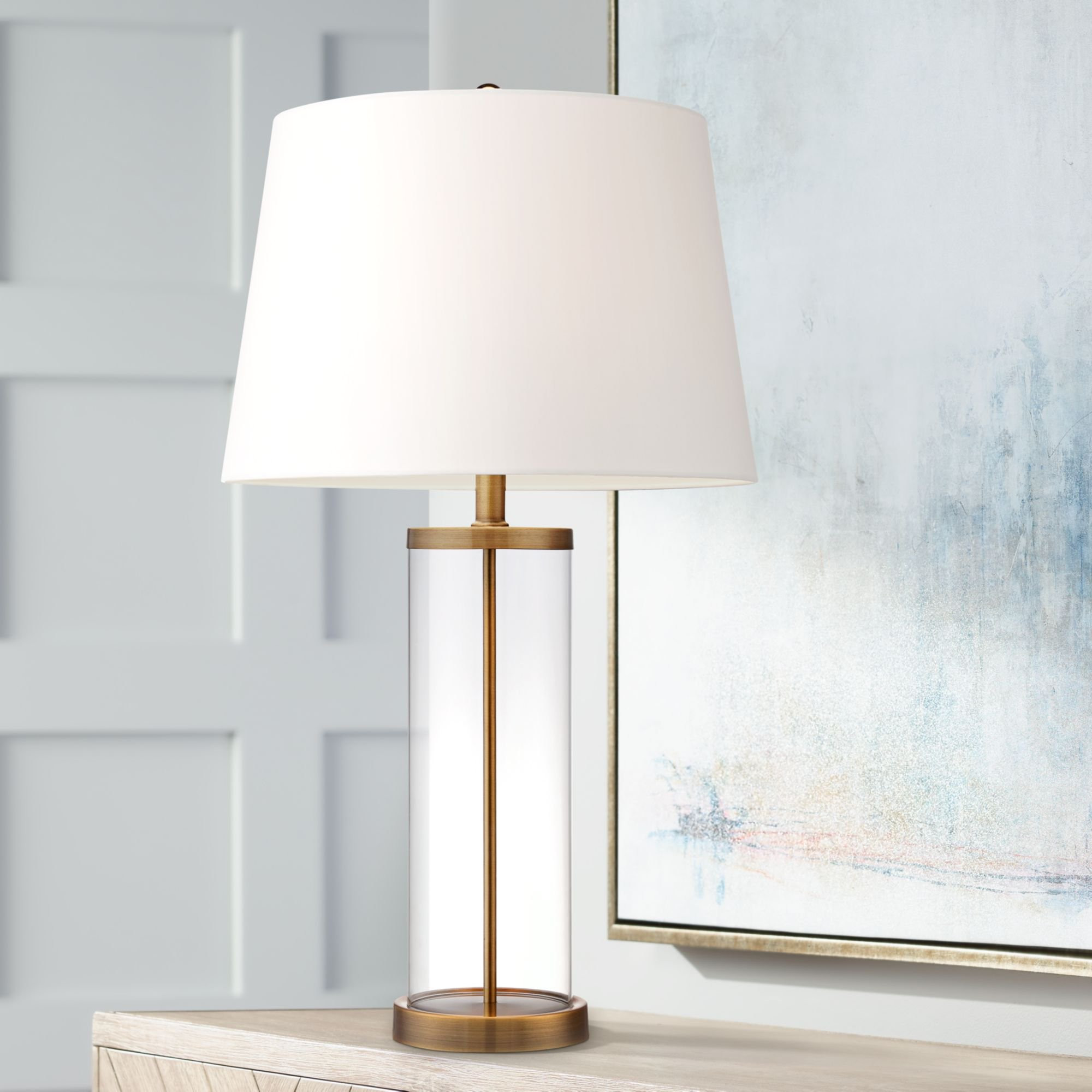 360 Lighting Coastal Table Lamp Glass Cylinder Gold Fillable White Drum Shade for Living Room Fam... | Walmart (US)
