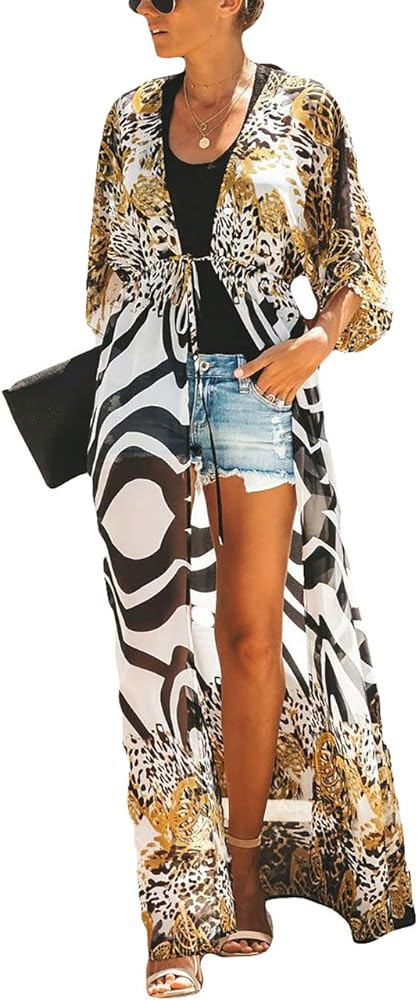Bsubseach Womens Chiffon/Rayon Beach Blouses Kimono Cardigan Long Bikini Cover Up | Amazon (US)