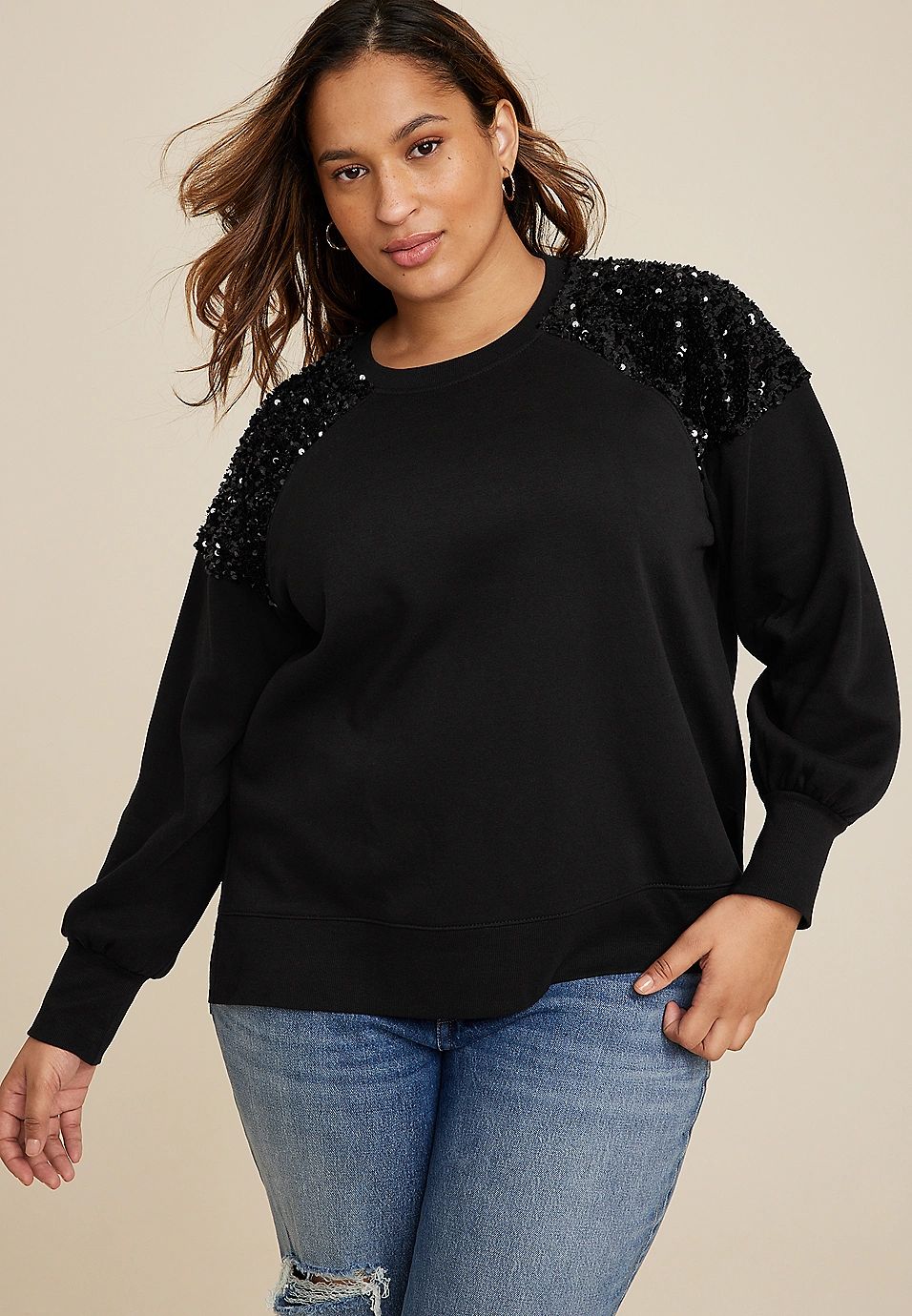 Plus Size Sequin Shoulder Sweatshirt | Maurices