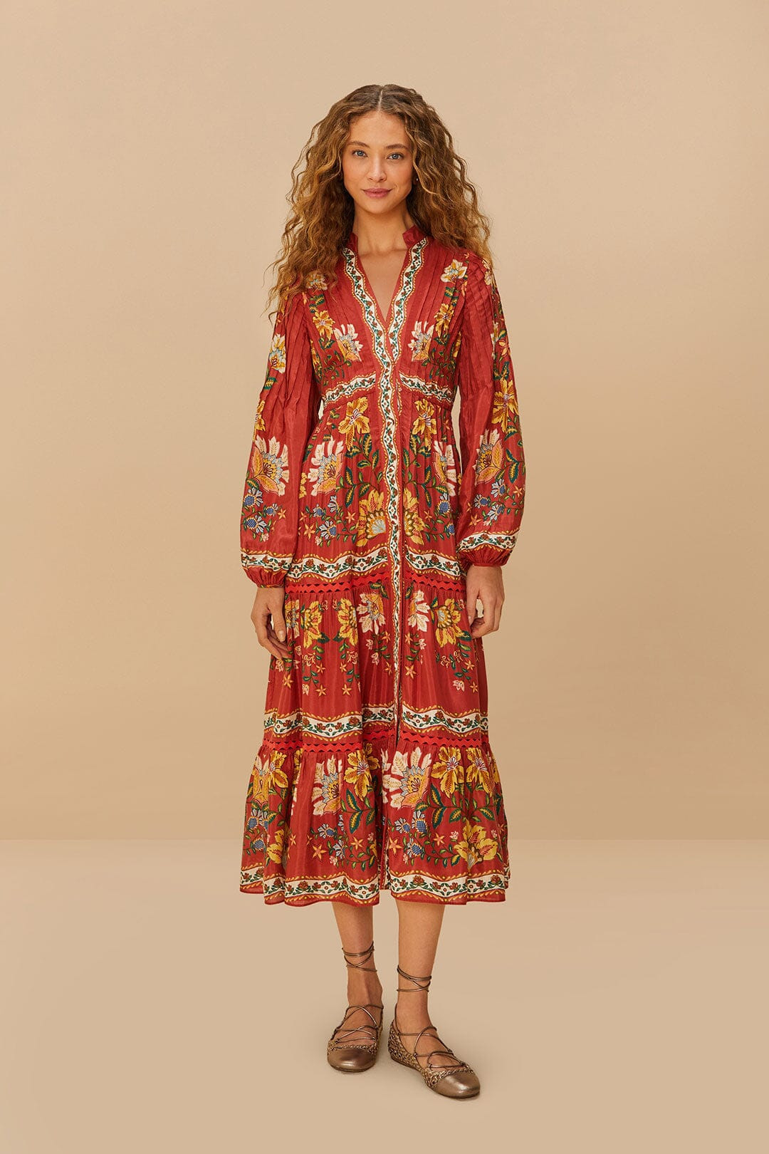 Red Garden Delight Long Sleeve Midi Dress | FarmRio (US)