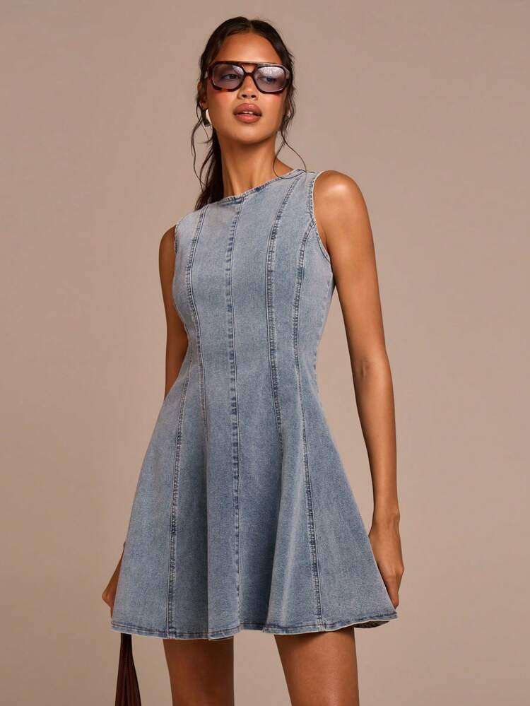 COSMINA Denim Elegantes \u00e4rmelloses A-Linien Minikleid f\u00fcr Damen, tailliert, vielseitig ... | SHEIN
