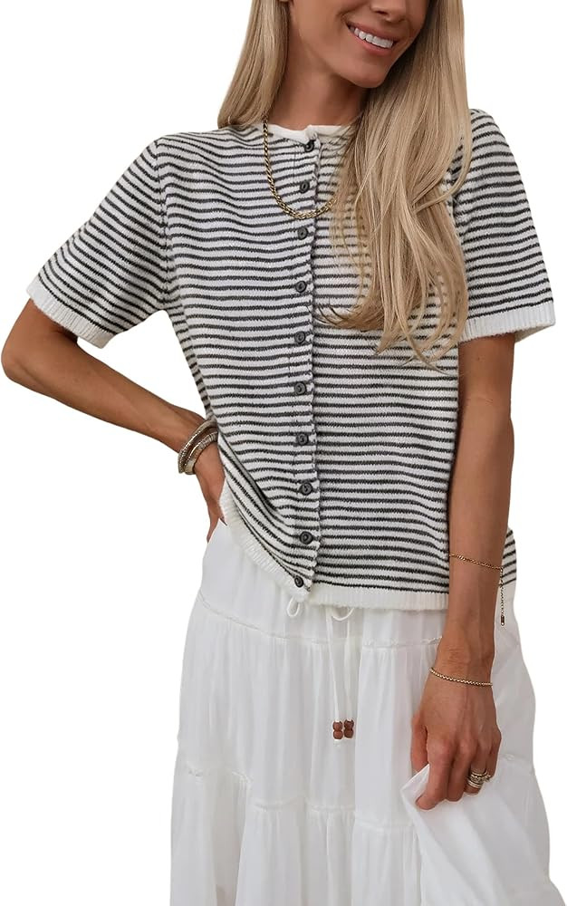 SCUSTY Women's Short Sleeve Striped Knit Cardigan Summer Casual Button Down Lightweight Sweaters | Amazon (US)