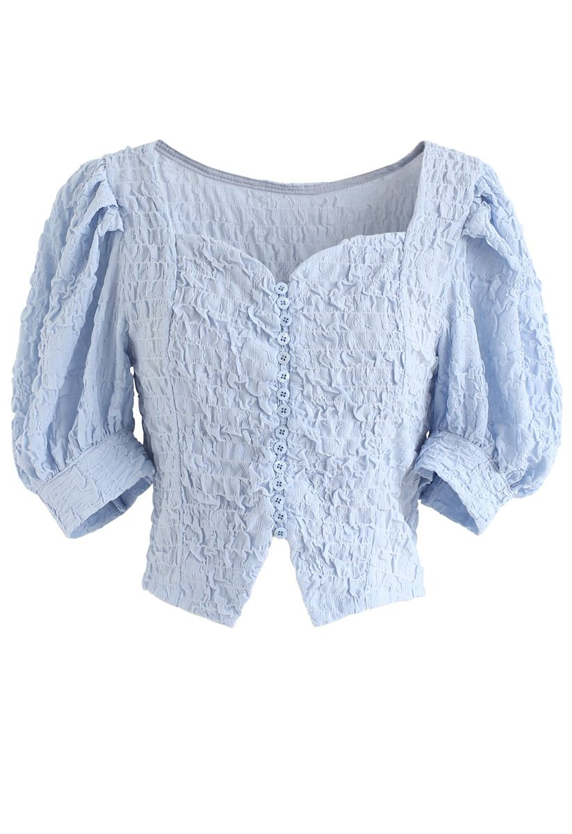 Sweetheart Neck Button Down Crop Top in Blue | Chicwish