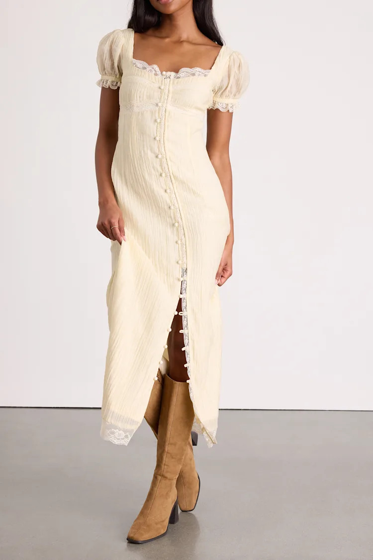 Crissa Cream Lace Textured Puff Sleeve Midi Dress | Lulus