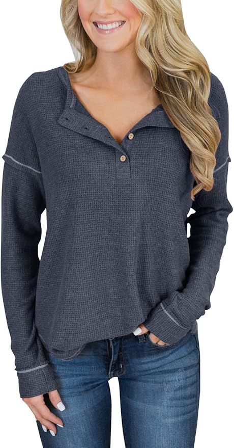 PRETTODAY Women's Long Sleeve Henley Tops Casual Scoop Neck Tunics with Buttons | Amazon (US)