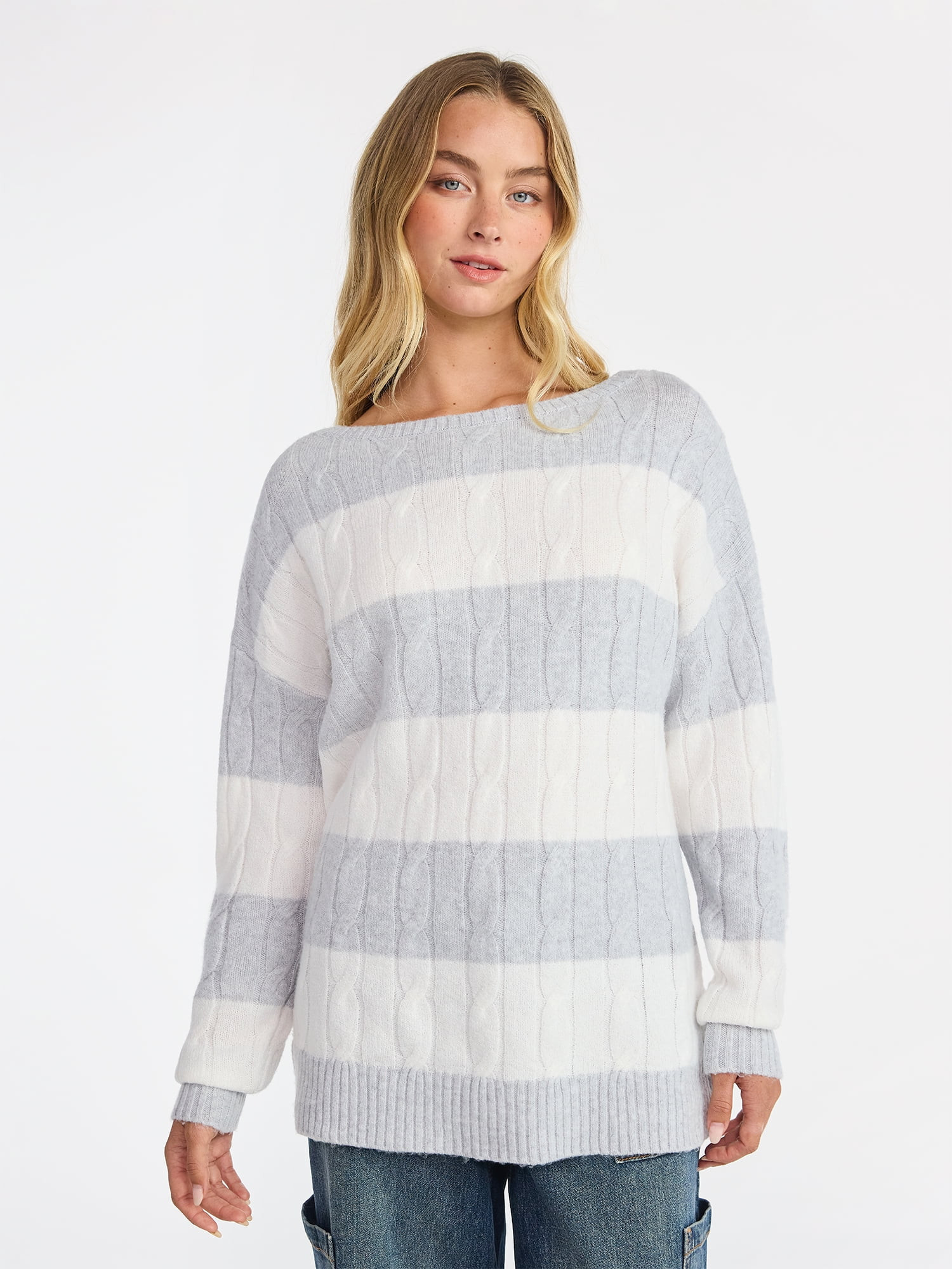 No Boundaries Boatneck Pullover Cable Knit Sweater, Lightweight, Women's | Walmart (US)