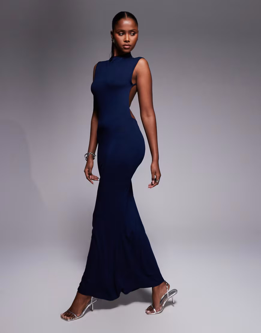 ASOS DESIGN - Vestito lungo accollato blu navy con schiena scoperta e spalle taglio dritto | ASOS (Global)