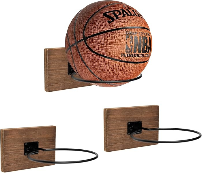 GENMOUS Set of 3 Wood Basketball Holder Wall Mount Display for Boys Room Decor, Metal Ball Rack D... | Amazon (US)