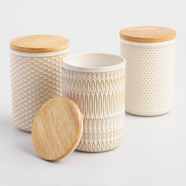 Textured Ceramic Storage Canisters with Wood Lids Set of 3 | World Market