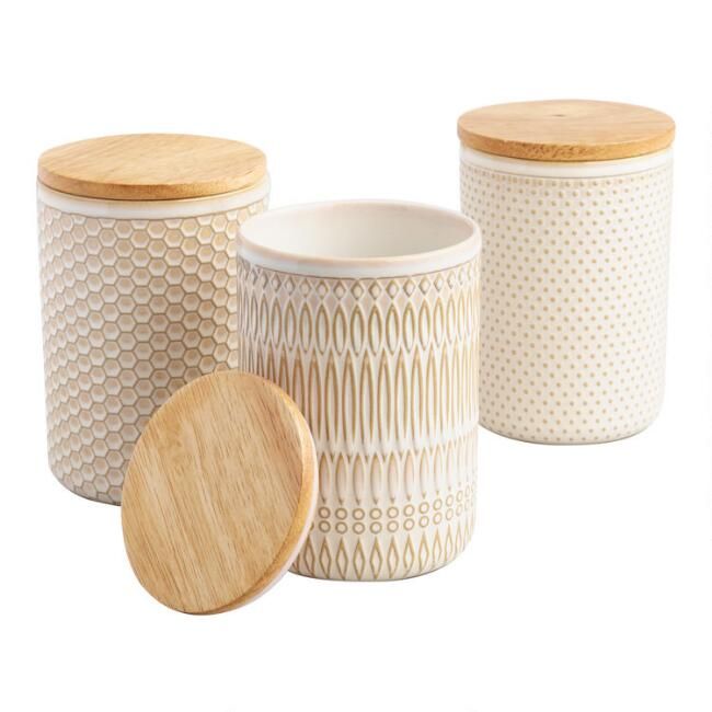 Textured Ceramic Storage Canisters with Wood Lids Set of 3 | World Market