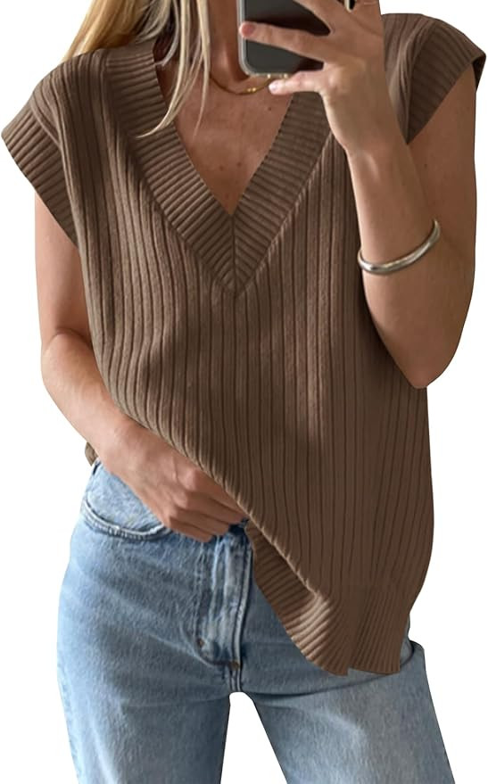 Saodimallsu Womens V Neck Sweater Vest Oversized Ribbed Knit Sleeveless Casual Loose Fit Pullover... | Amazon (US)
