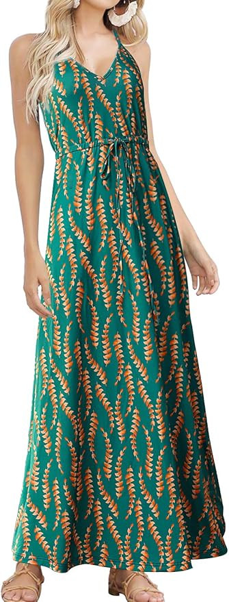 HUSKARY Womens Sleeveless V Neck Spaghetti Strap Pockets Beach Boho Tropical Summer Maxi Dress | Amazon (US)