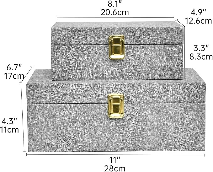 Faux Shagreen Leather Decorative Storage Boxes Set of 2, Light Grey | Amazon (US)