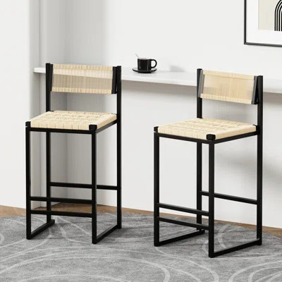Woven Bar Stools Of 2 , Metal Frame, Natural Paper Rope Seat, Versatile For Any Occasion,  Homes & Businesses, | Wayfair North America
