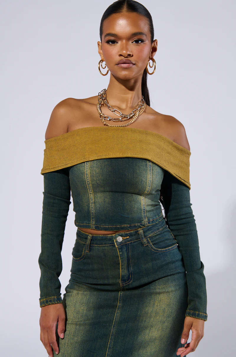 BEFORE YOU GO OFF THE SHOULDER DENIM TOP | AKIRA