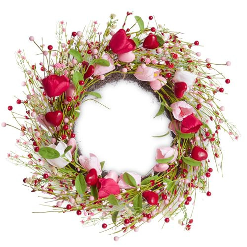 WDS WONDROUS 18.8 Inch Valentine's Day Wreath, Red Pink White Tulip Heart Wreath for Front Door Decor, Spring Wedding Anniversary Party Decoration | Amazon (US)