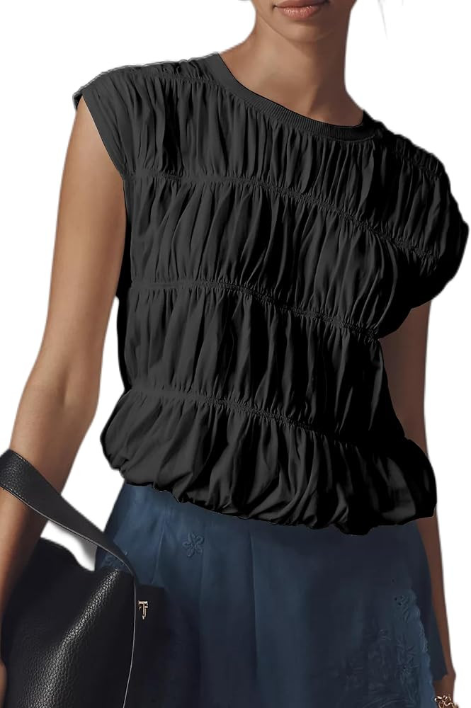 Womens Tiered Shirred Smocked Crop Tank Top Cap Sleeve Crew Neck Elastic Hem Y2K Going Out Blouse... | Amazon (US)