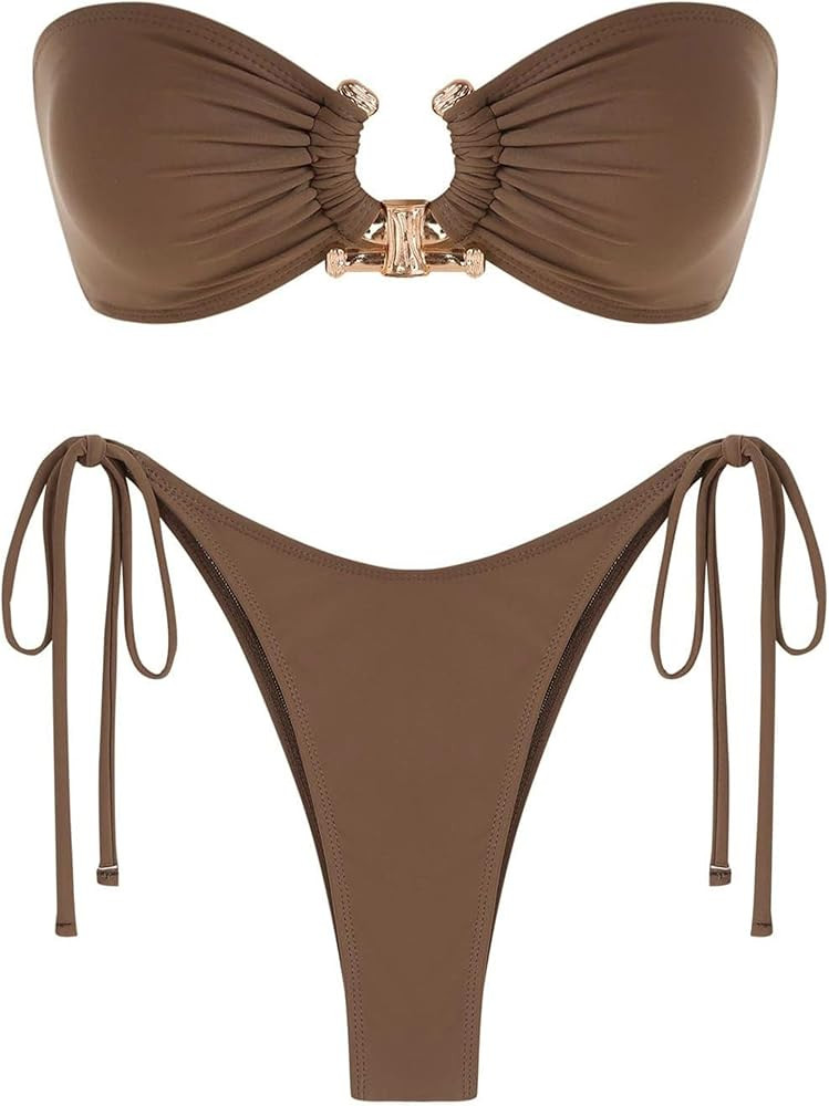 ZAFUL Women's Bandeau Bikini Shiny Metal Ring Decor Lace Up Tied Side High Cut Strapless Swimsuit | Amazon (US)