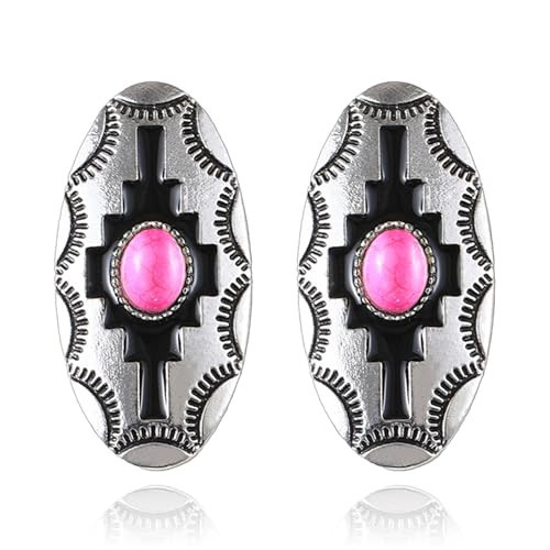 QLYOVWE Bohemian Turquoise Earrings for Women Handmade Western Natural Turquoise Silver Earrings Vintage Statement Oval Earrings Vintage Country Western Jewelry Trendy Birthday (Pink) | Amazon (US)