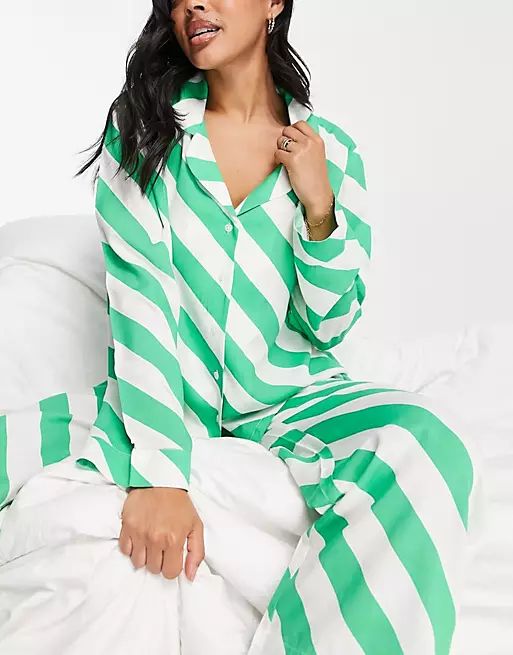 ASOS DESIGN mix & match modal stripe pajama short in green & white | ASOS (Global)