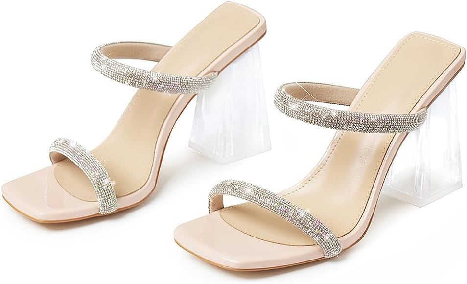 Erocalli Clear heels Chunky Block High Heels for Women, Rhinestone Heeled Sandals Square Toe Two ... | Amazon (US)