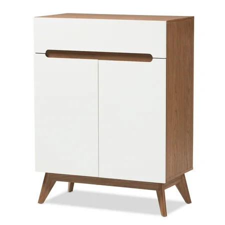 Baxton Studio Calypso Mid-Century Modern White and Walnut Wood Storage Shoe Cabinet | Walmart (US)