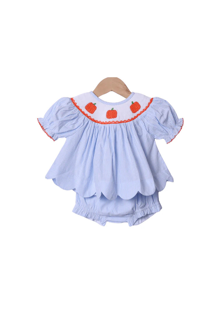 Smocked Pumpkin Blue Pinstripe Scalloped Bloomer Set | The Smocked Flamingo