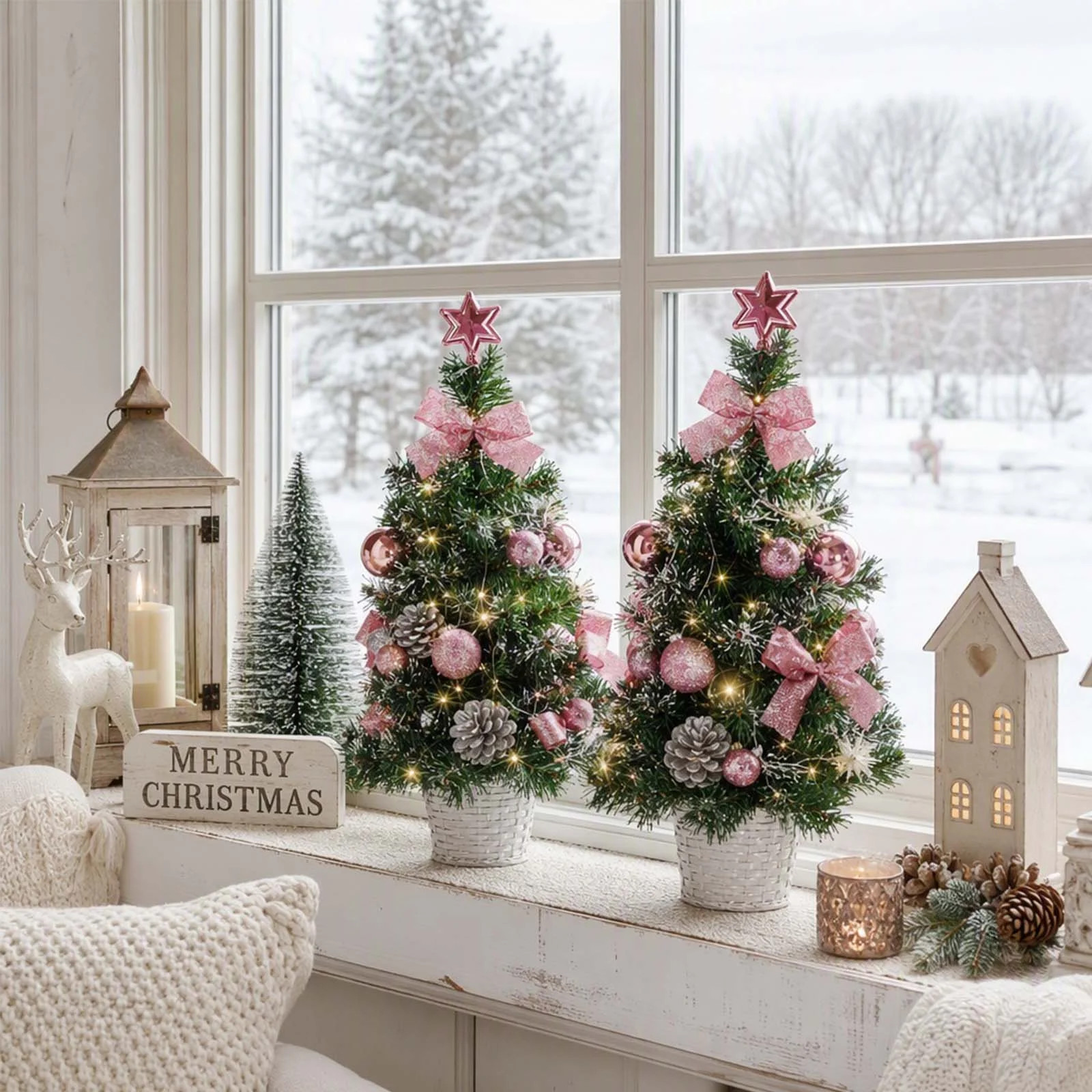 Set of 2 Pre-Lit Tabletop Christmas Trees, 17.72" Mini Artificial Pine Trees with Ornaments, Pinecones, Bows and Star Toppers for Holiday Home and Off | Wayfair North America