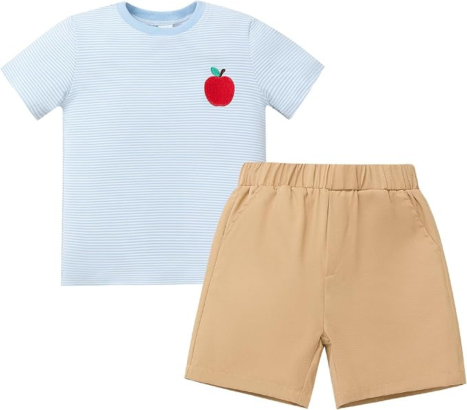 ODOLDI Toddler Boys Back to School Outfit 2 Piece Short Sleeve Striped Apple Embroidery Shirt and... | Amazon (US)