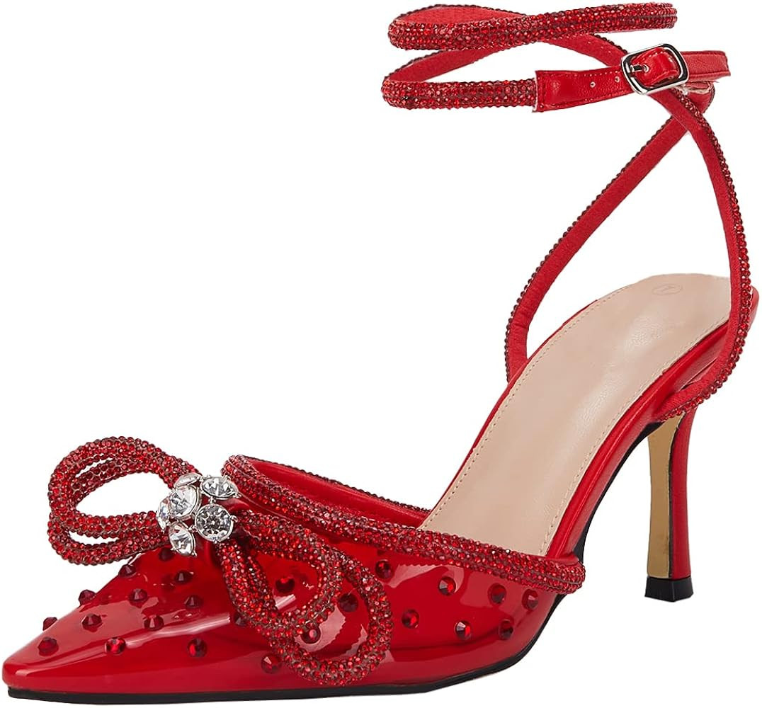 Women's Double Bow Pointed Toe Ankle Strap Crystal Pumps Wedding Bridal Party Stilettos Backless Sat | Amazon (US)