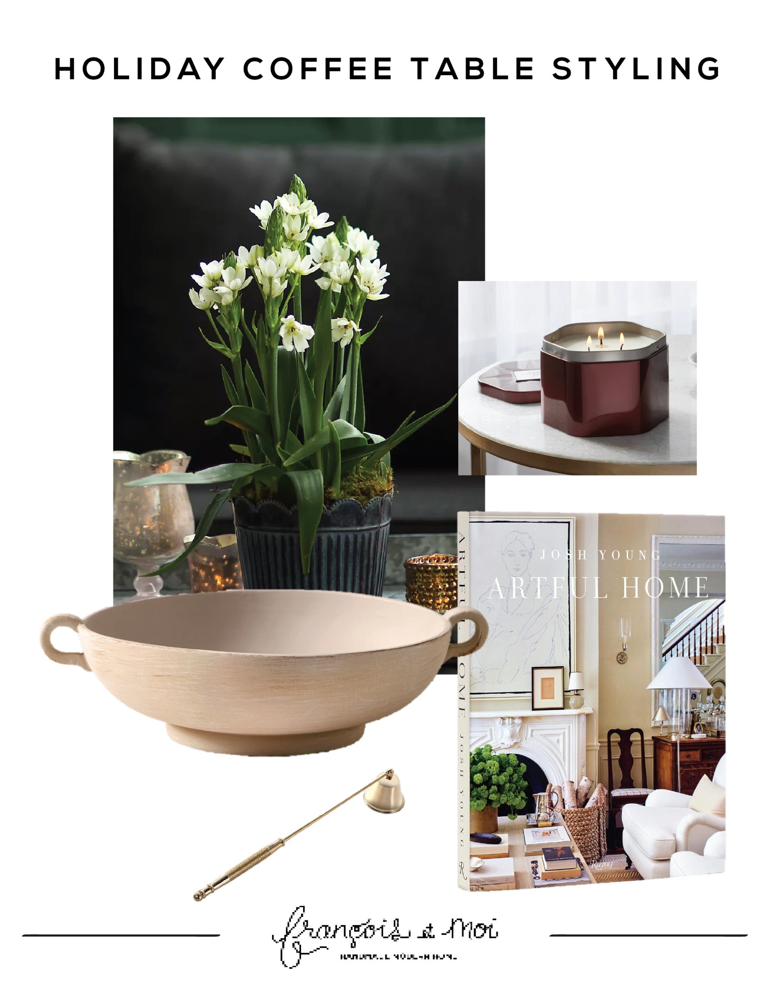 On the coffee table this time of year, I like doing potted bulbs, such as paperwhites in a low-slung pot or footed bowl. They’re incredibly easy to grow and are a fun statement to watch as they sprout up quickly through the season. Then I’d round things out with a pair of large hardcover books stacked next to your potted bulbs. Top the books with a special winter candle and candle snuffer, and you’re all set! Festively styled for under $50.
For large hardcover books, use favorites from your existing collection, thrift from 2nd hand stores, or find heavily discounted used books on Amazon. And if you don’t love the look of the book covers, try wrapping them with kraft paper for a more neutral look.

I’ve included Josh Young’s new book here in my round up (even though it puts us over our $50 budget) because it’s one of my favorites! 

#LTKFindsUnder50 #LTKHome #LTKHoliday