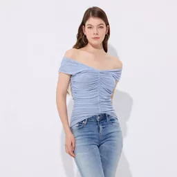 Women's Ruched Off the Shoulder Mesh Top - Wild Fable™ Blue L | Target