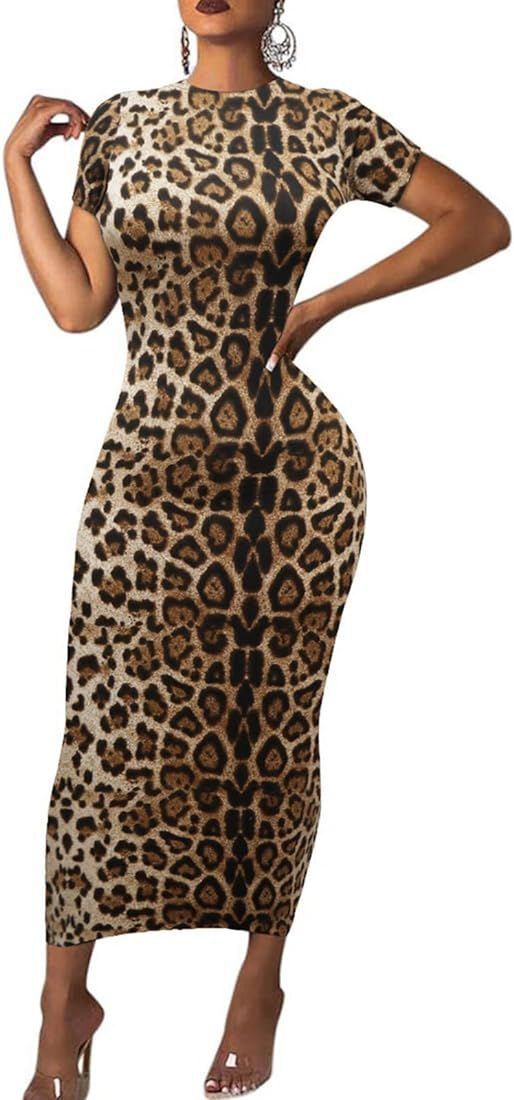 Women's Long Bodycon Dresses Leopard Print Casual Maxi Club Party Tight Dress Short Sleeve | Amazon (US)