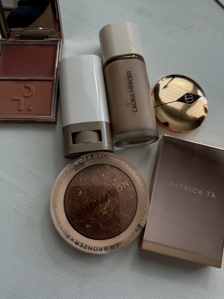 New summer makeup faves and arrivals.

Color details: 

— Charlotte Tilbury under eye corrector in medium
— Revolution bronzer in long weekend 
— Anastasia stick in 09
—Laura Mercier flawless foundation in soft sand
— Patrick Ta blush in not too much & she’s flushed 