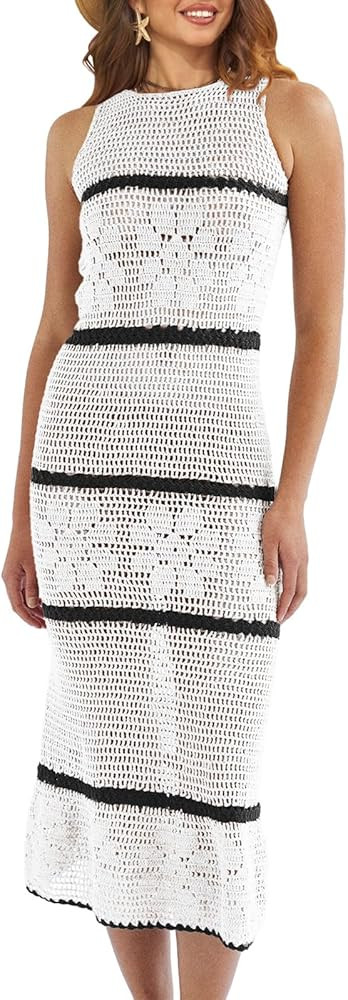 Saodimallsu Women Crochet Cover up Swimsuit Beach Dress Hollow Out Sleeveless Mesh Long Bathing S... | Amazon (US)