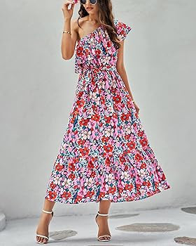 NOLLSOM Casual Women Summer Dresses 2023 One Shoulder Maxi Dress Sleeveless Ruffle Layered Boho F... | Amazon (US)
