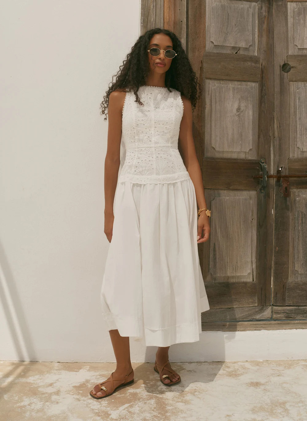 White Cotton Broderie Drop Waist Midi Dress | Mint Velvet