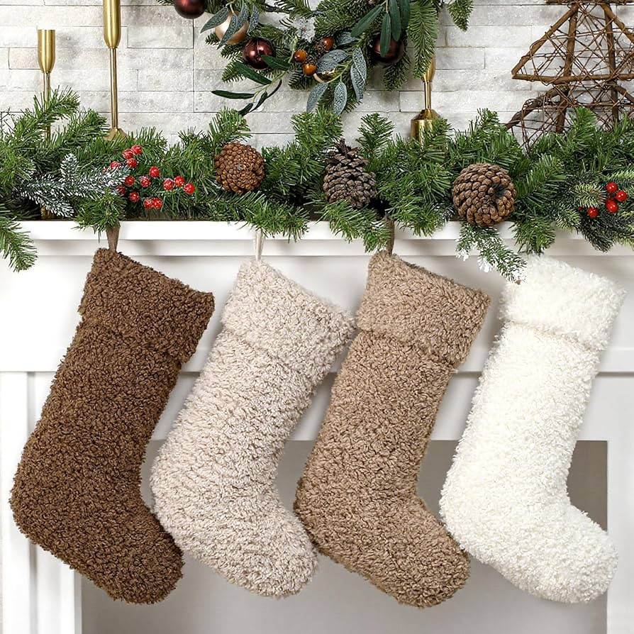 4 Pcs Christmas Sherpa Fabric Stockings Faux Fur Socks Christmas Fireplace Hanging Socks for Holi... | Amazon (US)