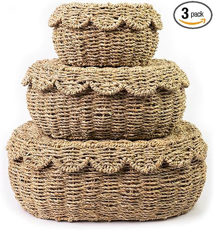 KOLWOVEN Set of 3 Wicker Storage Baskets with Lid - Decorative Handwoven Rattan Baskets for Organ... | Amazon (US)