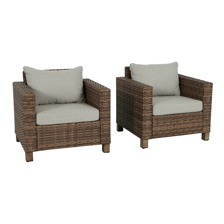 Better Homes & Gardens Brookbury Outdoor 2pk Club Chairs, Brown Wicker, Beige Cushion | Walmart (US)
