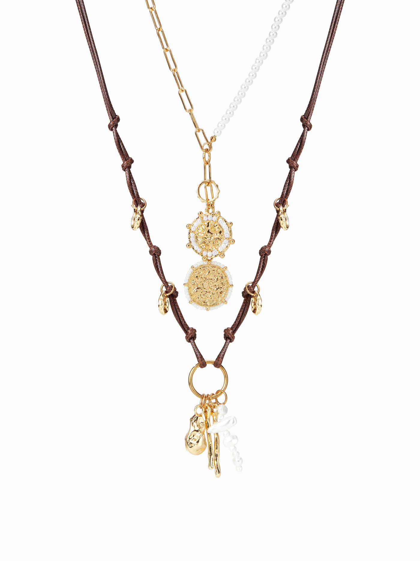 2PCS TEXTURED ROUND & FAUX PEARL NECKLACE SET | Cider