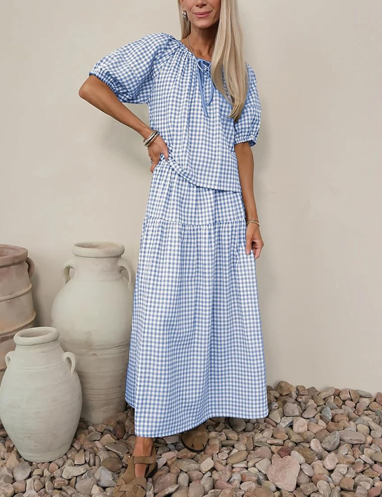 Qiaomai Womens 2 Piece Gingham Sets Puff Sleeve Plaid Top Tiered Maxi Skirt Matching Outfit Casua... | Amazon (US)