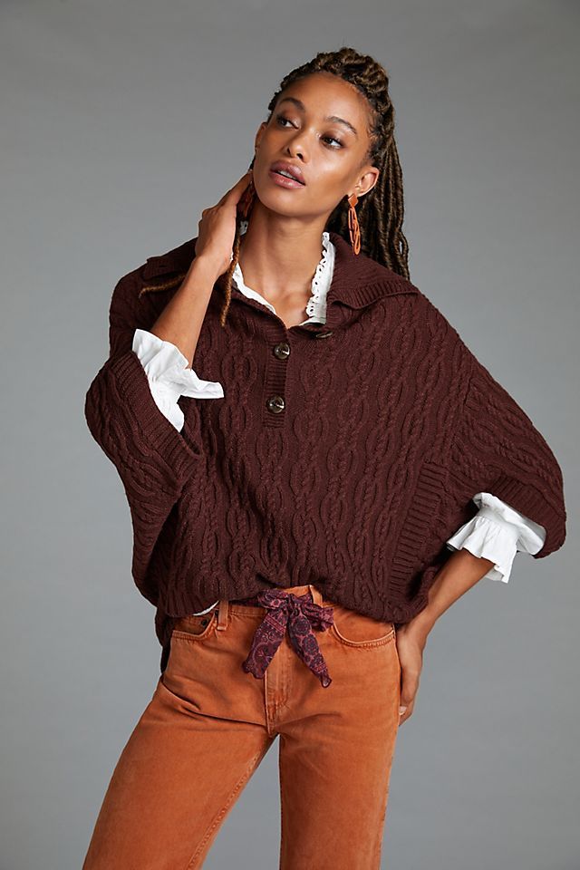 Cable-Knit Buttoned Poncho | Anthropologie (US)