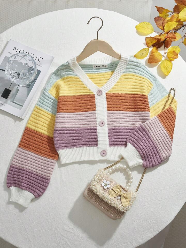 SHEIN Tween Girls' Long Sleeve V Neck Rainbow Colorblock Cardigan Sweater | SHEIN