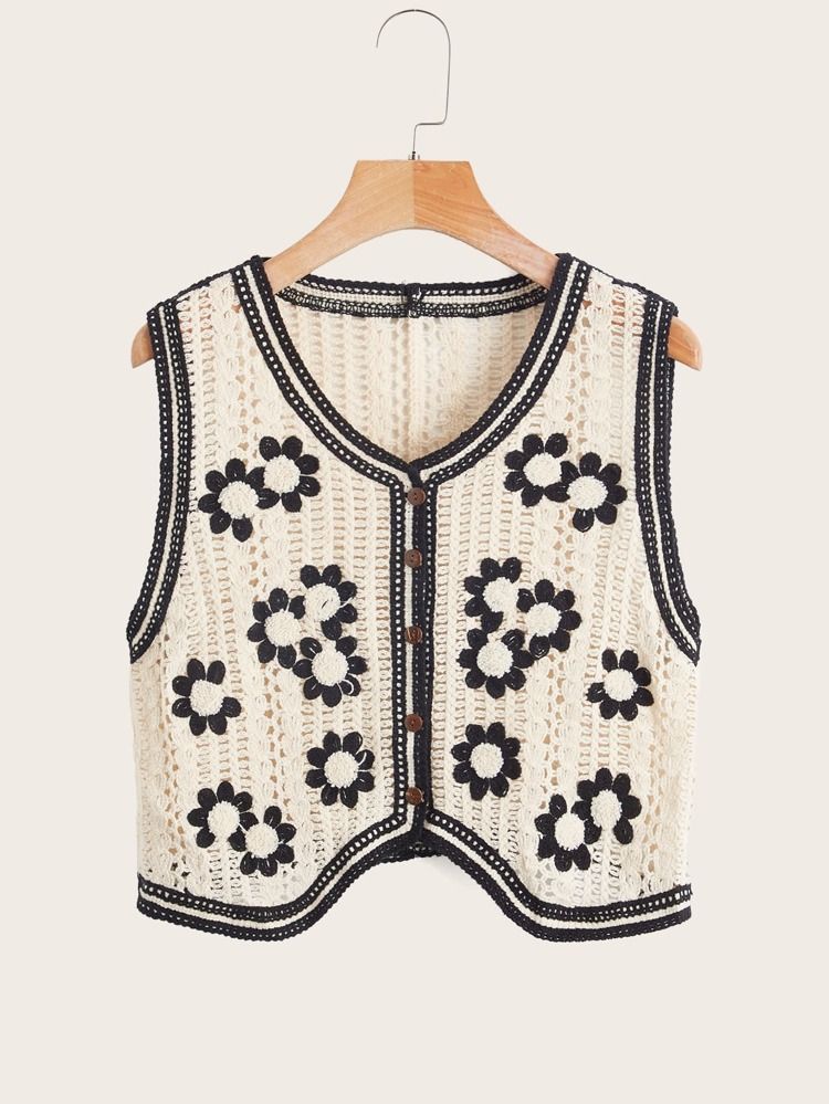 EMERY ROSE Floral Pattern Pointelle Knit Sweater Vest | SHEIN