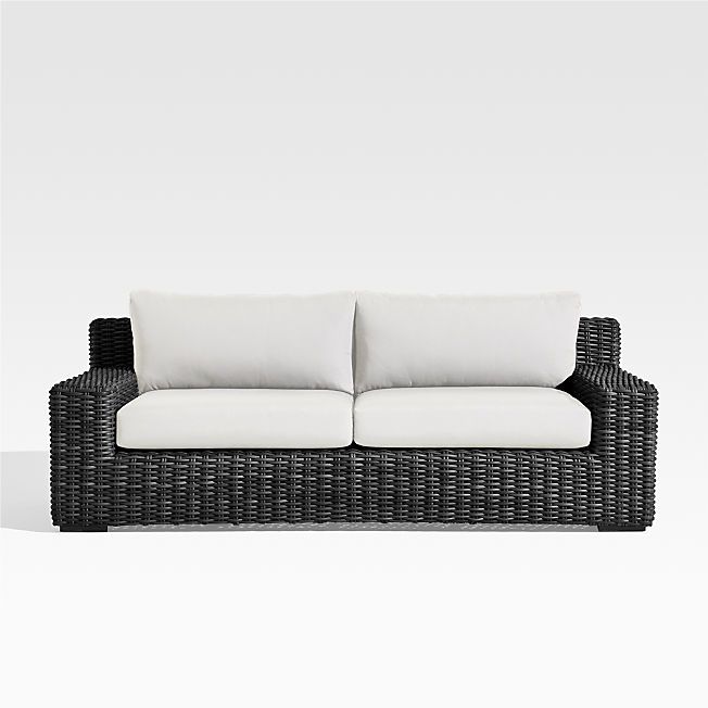 Abaco All-Weather Resin Wicker Outdoor Patio Sofa with White Sunbrella Cushions + Reviews | Crate... | Crate & Barrel