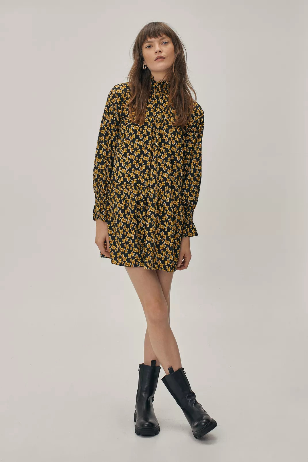 High Neck Floral Print Mini Smock Dress | Nasty Gal (US)