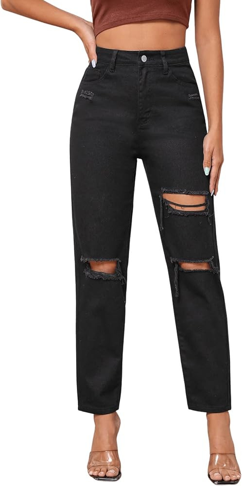 SweatyRocks Women's High Waist Slant Pocket Denim Jeans Ripped Straight Leg Pants | Amazon (US)