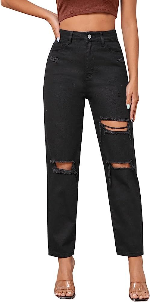 SweatyRocks Women's High Waist Slant Pocket Denim Jeans Ripped Straight Leg Pants | Amazon (US)